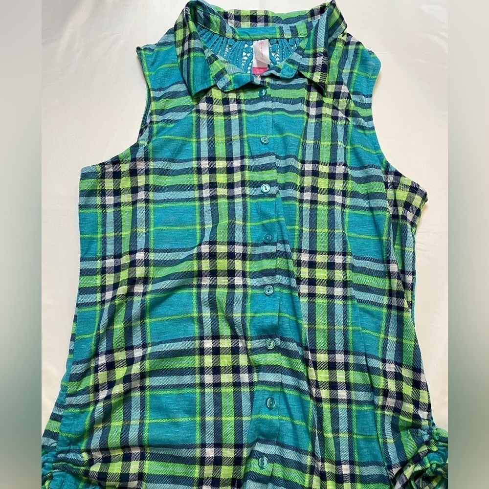 No Boundaries size XL blue and green plaid button up tankl top - Picture 2 of 5